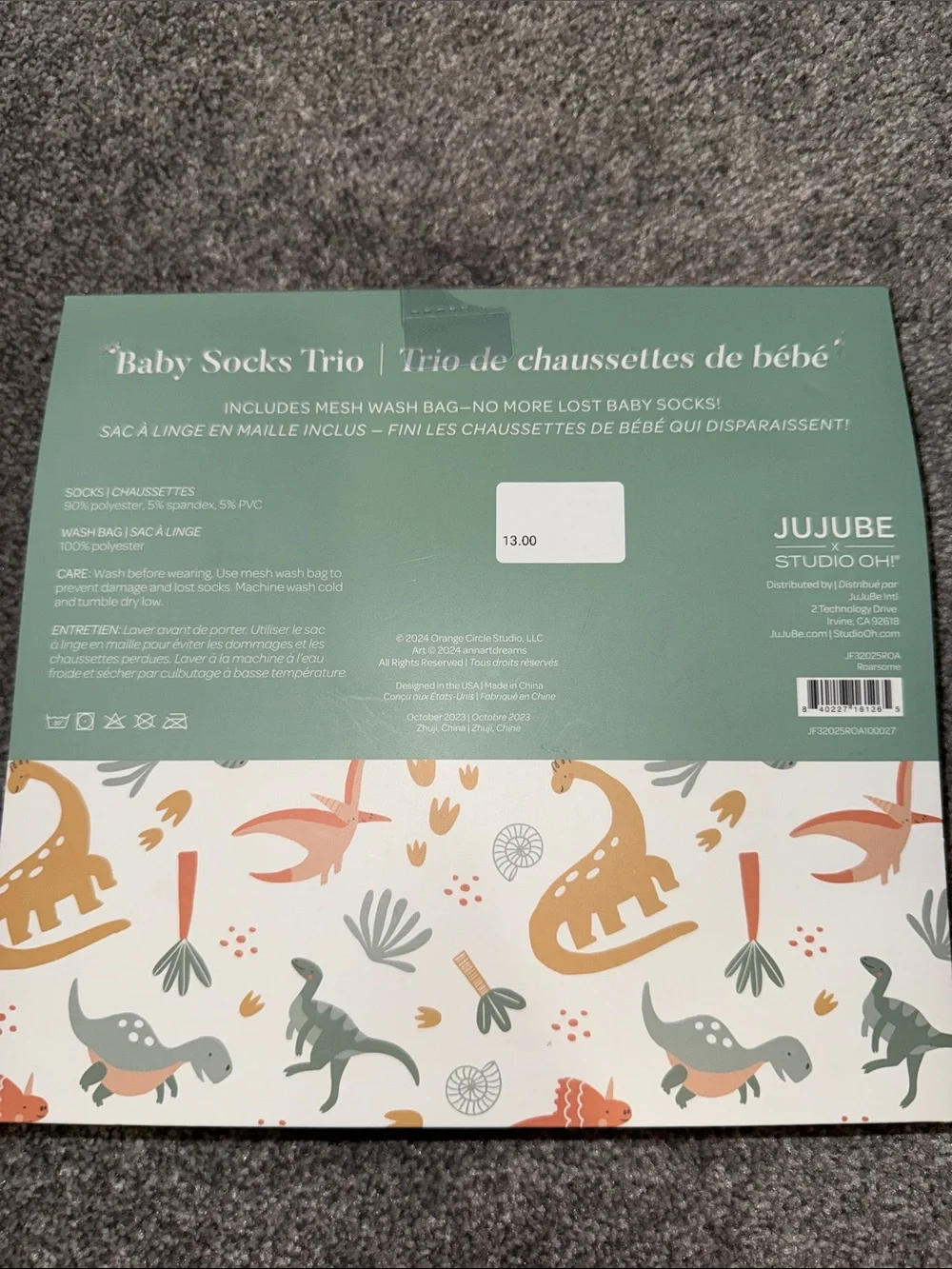 Baby Sock Trio with Dino Print (Green, Yellow, Orange)